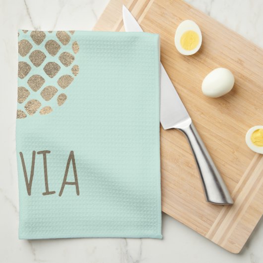 金ゴールドフォイルフェイクパイナップルデザインオンミント キッチンタオル (四つ折り)