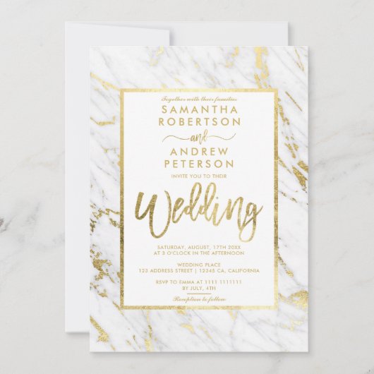 金ゴールドフォイル大理石のエレガントな結婚式 招待状 (正面)