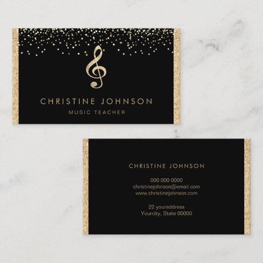 金ゴールドフォイル音楽の黒のトレブルクレフ、 音符記号をシミュレート 名刺 (正面/裏面)