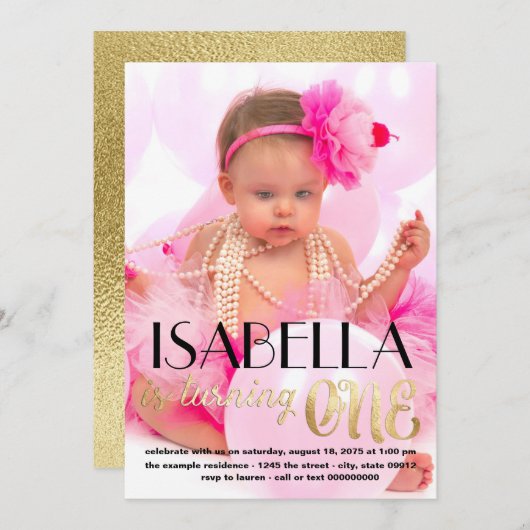 金ゴールドフォトファースト誕生日招待状 招待状 (正面/裏面)