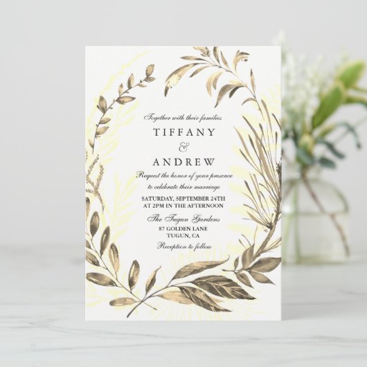 金ゴールドフォレストリーフリースエレガントウェディング招待状 招待状 (スタンド正面)