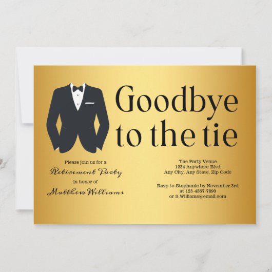 金ゴールドフォーマルブラックタイスーツ退職パーティー 招待状 (正面)