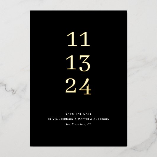 金ゴールドフォーマルブラックミニマル結婚式Save Date 箔招待状 (正面)