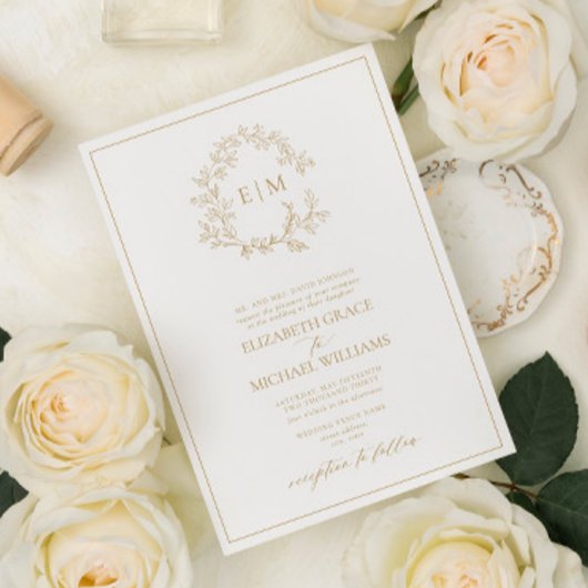 金ゴールドフォーマルリーピークレストモノグラム結婚ズ 招待状