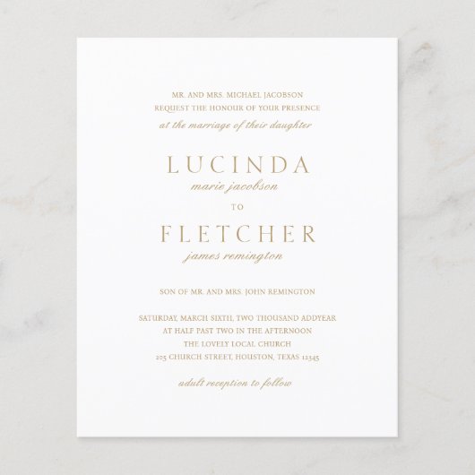 金ゴールドフォーマルQRコード予算結婚式招待状 (正面)