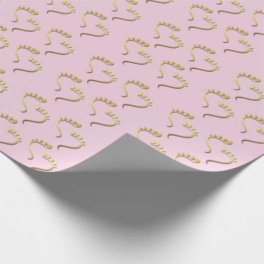 金ゴールドフットプリントピンク新生児ガール ラッピングペーパー (角)