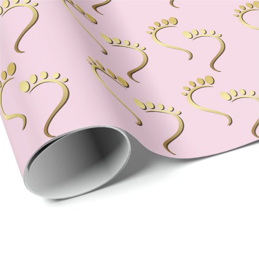 金ゴールドフットプリントピンク新生児ガール ラッピングペーパー (ロールコーナー)