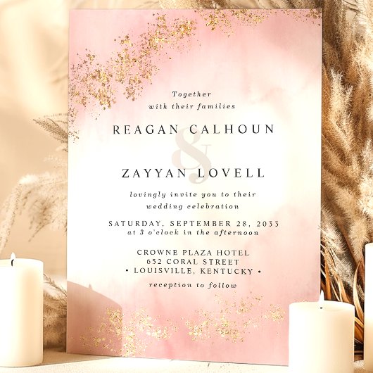 金ゴールドフモダンレックス赤面ピンクウォーター結婚カラー 招待状