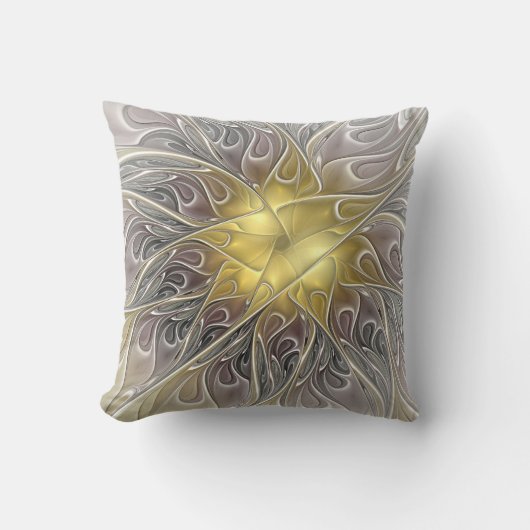 金ゴールドフラクタルモダン抽象芸術で花盛り クッション (正面)