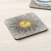 金ゴールドフラクタルモダン抽象芸術で花盛り コースター (左側)