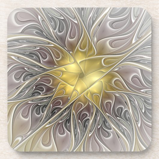 金ゴールドフラクタルモダン抽象芸術で花盛り コースター (正面)