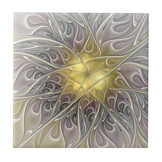 金ゴールドフラクタルモダン抽象芸術で花盛り タイル (正面)