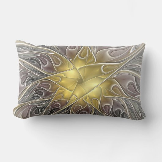 金ゴールドフラクタルモダン抽象芸術で花盛り ランバークッション (正面)