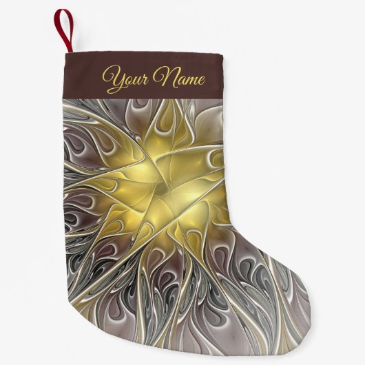 金ゴールドフラクタル名モダン付き抽象芸術で繁栄 スモールクリスマスストッキング (正面)