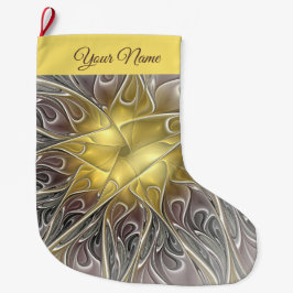 金ゴールドフラクタル名モダン付き抽象芸術で繁栄 ラージクリスマスストッキング
