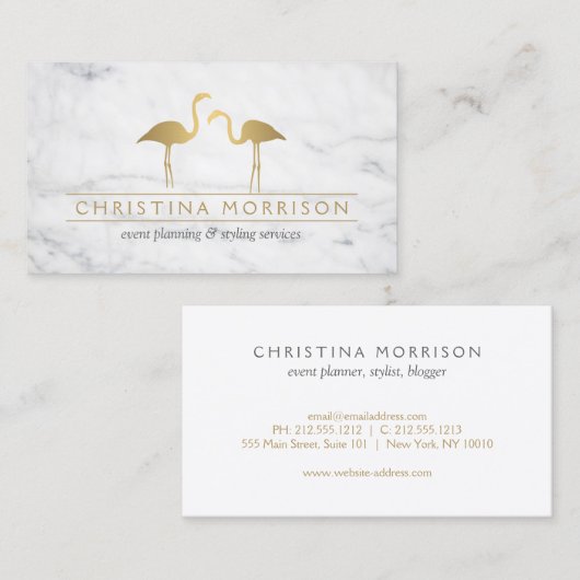 金ゴールドフラミンゴエレガントスイベントプランナーホワイトマーブル 名刺 (正面/裏面)