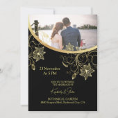 金ゴールドフラワーオンブラック招待状 セーブザデート (正面)
