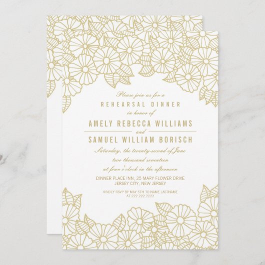 金ゴールドフラワーズオンホワイトリハーサルディナー招待状 招待状 (正面/裏面)
