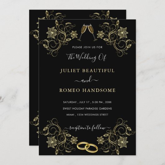 金ゴールドフラワーズブラックモダン結婚式招待状 (正面/裏面)
