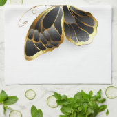 金ゴールドフラワーバタフライ（黒い蘭） キッチンタオル (折り畳み)