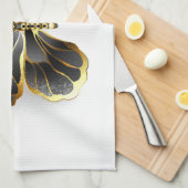 金ゴールドフラワーバタフライ（黒い蘭） キッチンタオル (四つ折り)