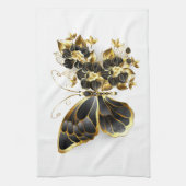 金ゴールドフラワーバタフライ（黒い蘭） キッチンタオル (縦)