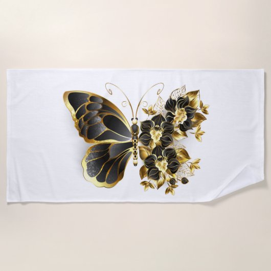 金ゴールドフラワーバタフライ（黒い蘭） ビーチタオル (正面)