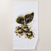 金ゴールドフラワーバタフライ（黒い蘭） ビーチタオル (正面)