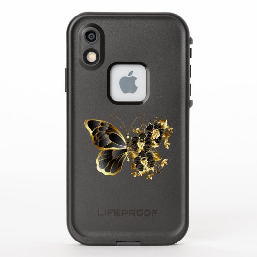 金ゴールドフラワーバタフライ（黒い蘭） LifeProof iPhoneケース (裏面)