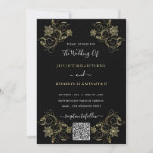 金ゴールドフラワーブラック結婚式招待状とQRコード (正面)