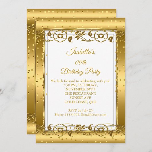 金ゴールドフラワーホワイトグリッター誕生日パーティー 招待状 (正面/裏面)