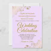 金ゴールドフリルと薄紫パープルエレガントQRコード結婚s 招待状 (正面)