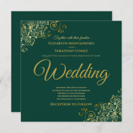 金ゴールドフリルエメラルドグリーンエレガントスクエア結婚ズ 招待状
