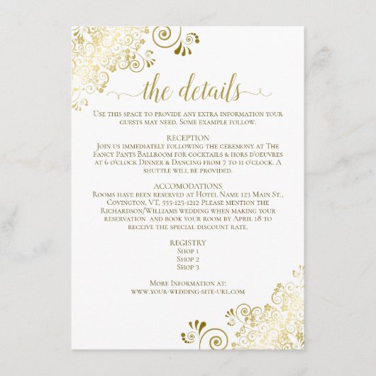 金ゴールドフリルエレガント金ゴールドオン白結婚詳細 エンクロージャーカード (正面)