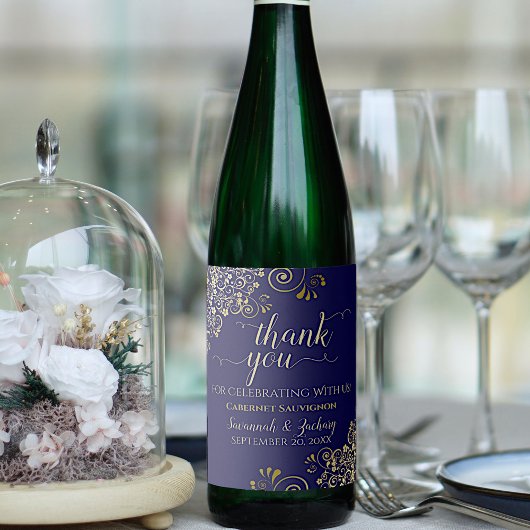 金ゴールドフリルオンネイビ結婚ーブルズ・サンキュー ワインラベル