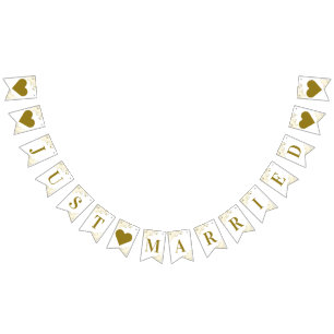 金ゴールドフリルオンホワイトたった今結婚しましたニューリュウズ バンティングフラッグ