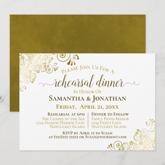 金ゴールドフリルオンホワイト結婚のリハーサル&ディナー 招待状 (正面/裏面)