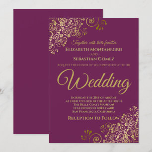 金ゴールドフリルシンプルズシックカシスパープル結婚ズ 招待状