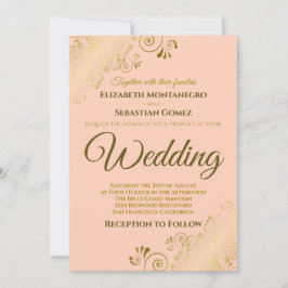 金ゴールドフリルシンプルズシックコーラルピーチオレンジ結婚ズ 招待状