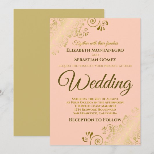 金ゴールドフリルシンプルズシックコーラルピーチオレンジ結婚ズ 招待状 (正面/裏面)
