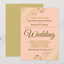 金ゴールドフリルシンプルズシックコーラルピーチオレンジ結婚ズ 招待状
