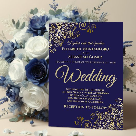 金ゴールドフリルシンプルズシックネイビーブルー結婚ズ 招待状