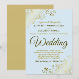 金ゴールドフリルシンプルズシックパウダーブルー結婚ズ 招待状