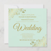 金ゴールドフリルネオミントグリーンエレガントスクエア結婚ズ 招待状 (正面)