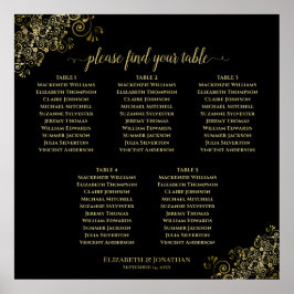 金ゴールドフリル付き黒結婚の5テーブル座席表 ポスター