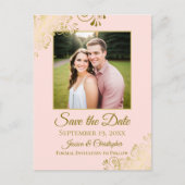 金ゴールドフリル赤面ピンクウェディング日付写真を保存 案内ポストカード (正面)