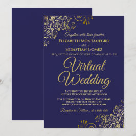 金ゴールドフリルon Navy エレガント Blue Virtual 結婚's 招待状