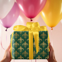 金ゴールドフルーアデリスのシームレスなパターン（緑） ラッピングペーパー