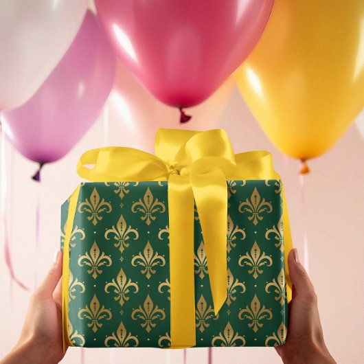 金ゴールドフルーアデリスのシームレスなパターン（緑） ラッピングペーパー