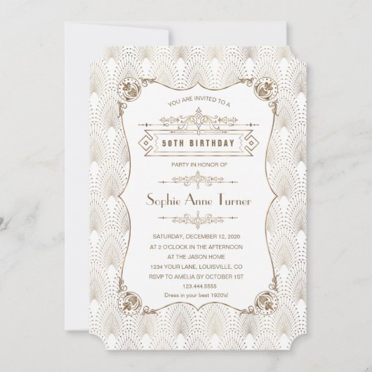 金ゴールドフルーアデリス素晴らしギャツビー20年代50誕生日 招待状 (正面)